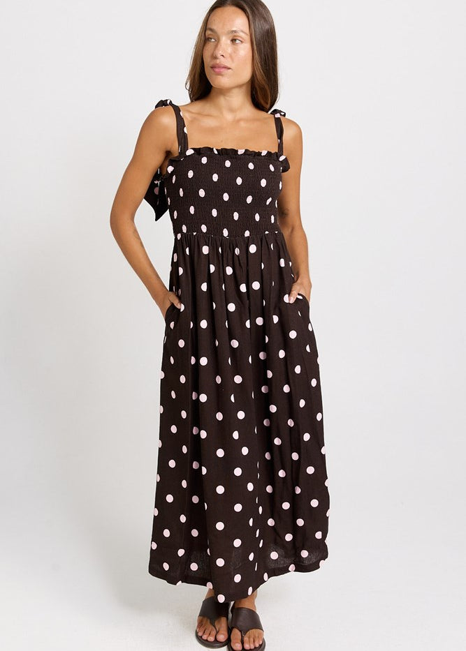Betty Basics Shirred Maxi Dress in Pink/Choc Polka Dot
