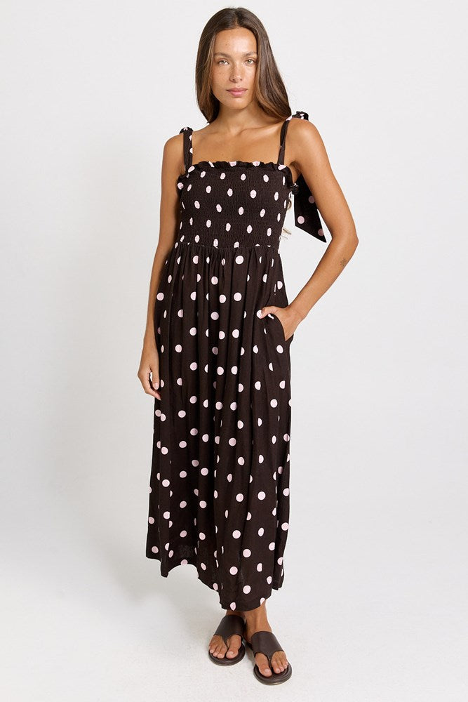Betty Basics Shirred Maxi Dress in Pink/Choc Polka Dot - view 2