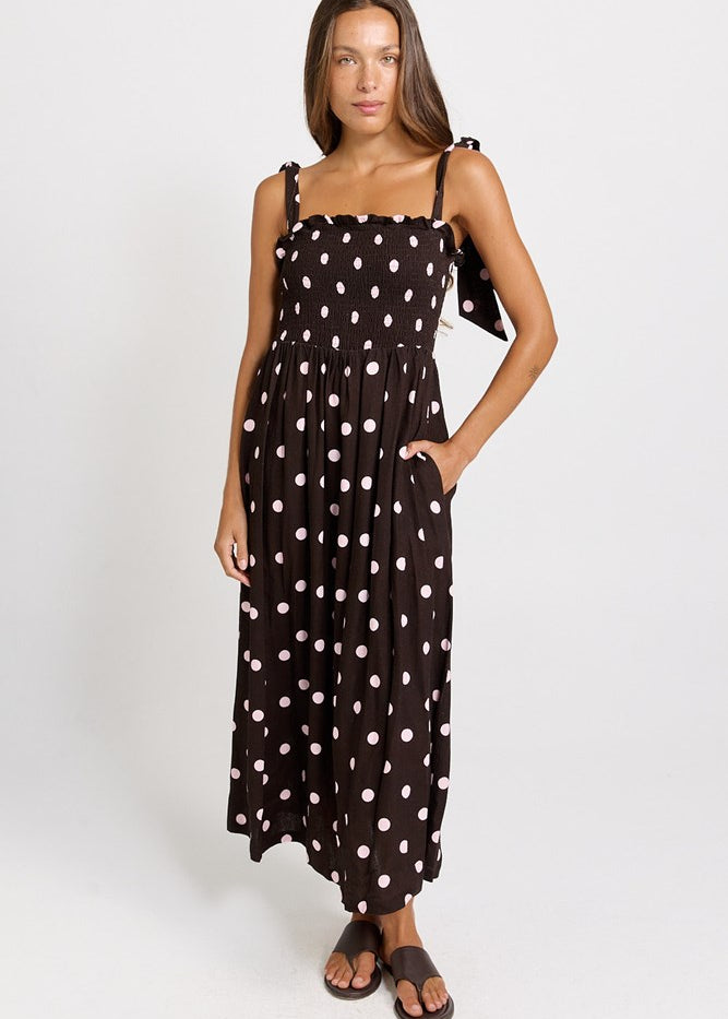 Betty Basics Shirred Maxi Dress in Pink/Choc Polka Dot - view 2