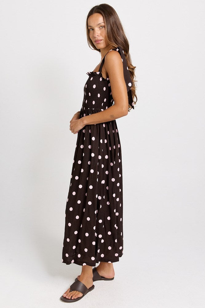 Betty Basics Shirred Maxi Dress in Pink/Choc Polka Dot - view 3