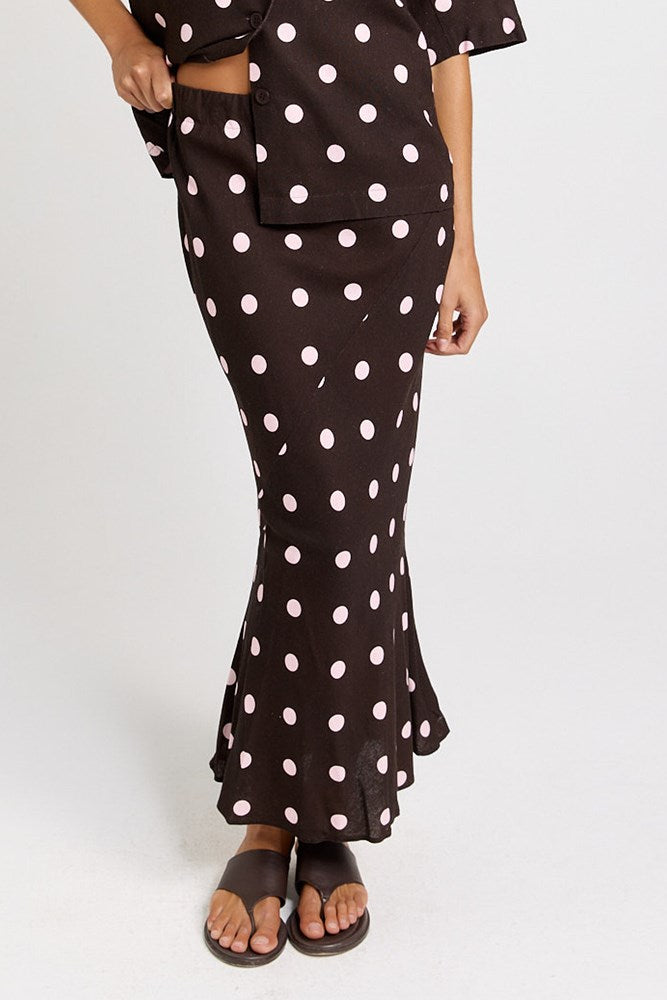Betty Basics Sable Bias Yoke Skirt in Pink/Choc Polka Dot