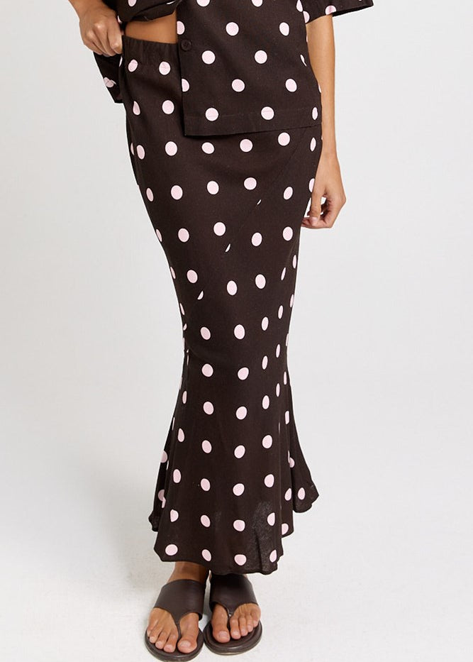 Betty Basics Sable Bias Yoke Skirt in Pink/Choc Polka Dot