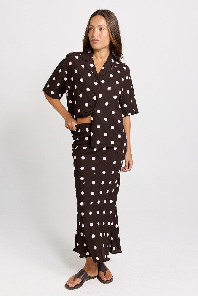 Betty Basics Sable Bias Yoke Skirt in Pink/Choc Polka Dot - view 2