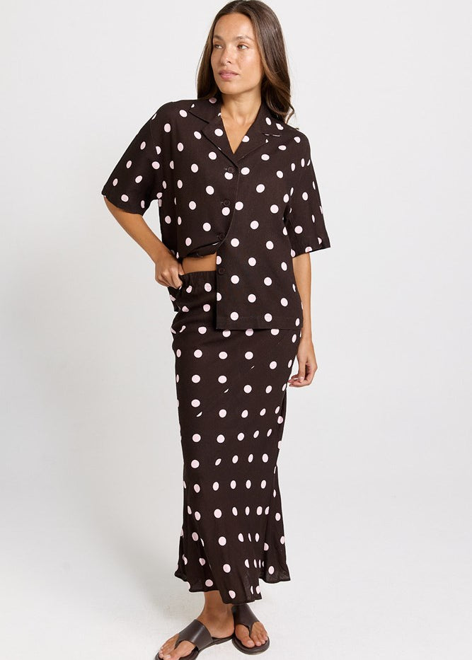 Betty Basics Sable Bias Yoke Skirt in Pink/Choc Polka Dot - view 2