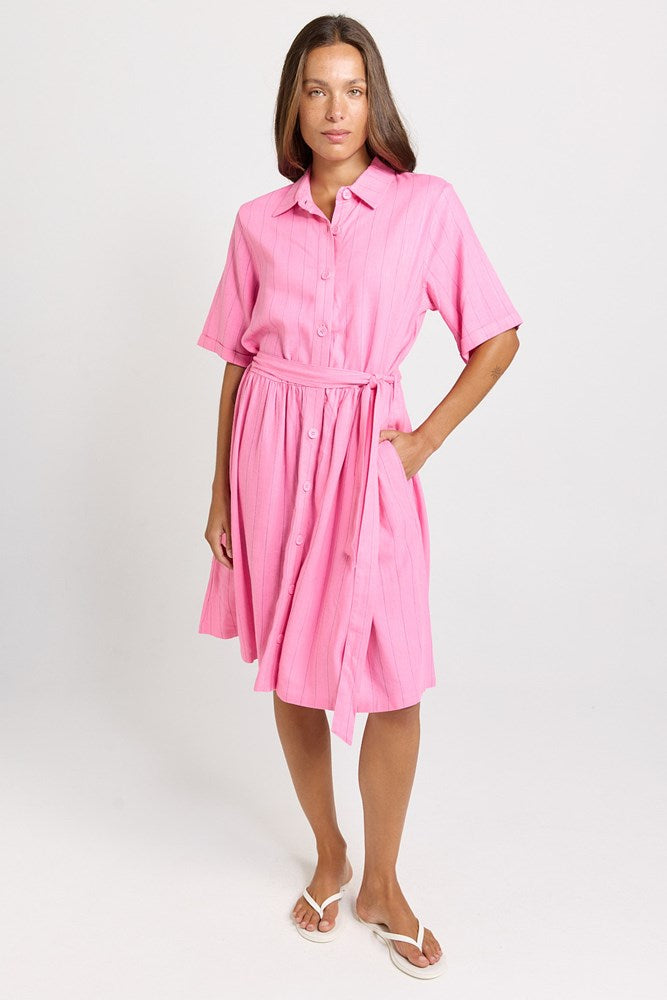 Betty Basics Palm Shirt Dress in Pink/Teal Stripe