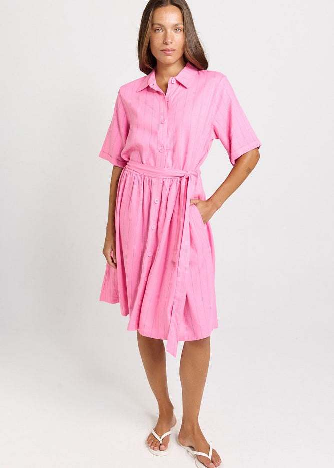 Betty Basics Palm Shirt Dress in Pink/Teal Stripe