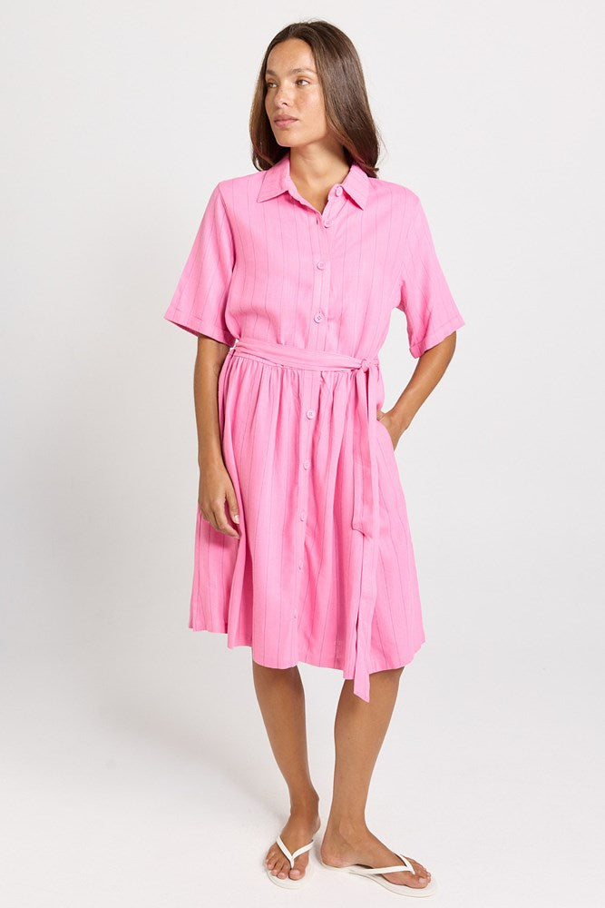 Betty Basics Palm Shirt Dress in Pink/Teal Stripe - view 2