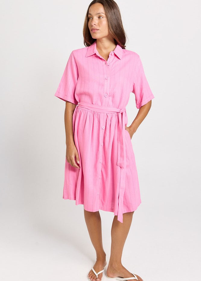 Betty Basics Palm Shirt Dress in Pink/Teal Stripe - view 2