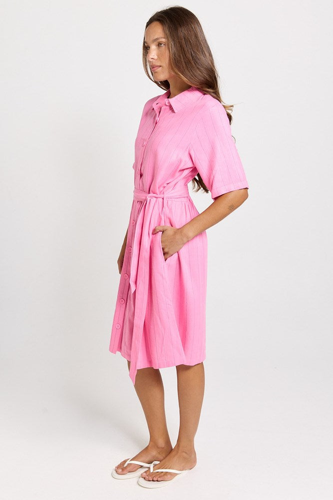 Betty Basics Palm Shirt Dress in Pink/Teal Stripe - view 3