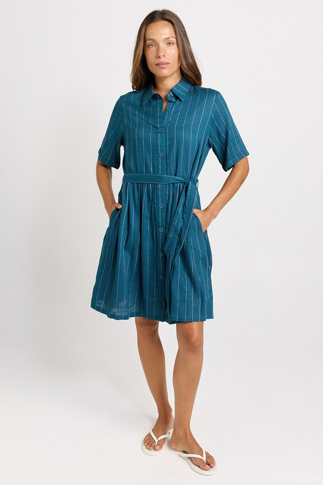 Betty Basics Palm Shirt Dress in Teal/White Stripe