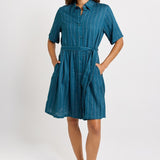 Betty Basics Palm Shirt Dress in Teal/White Stripe