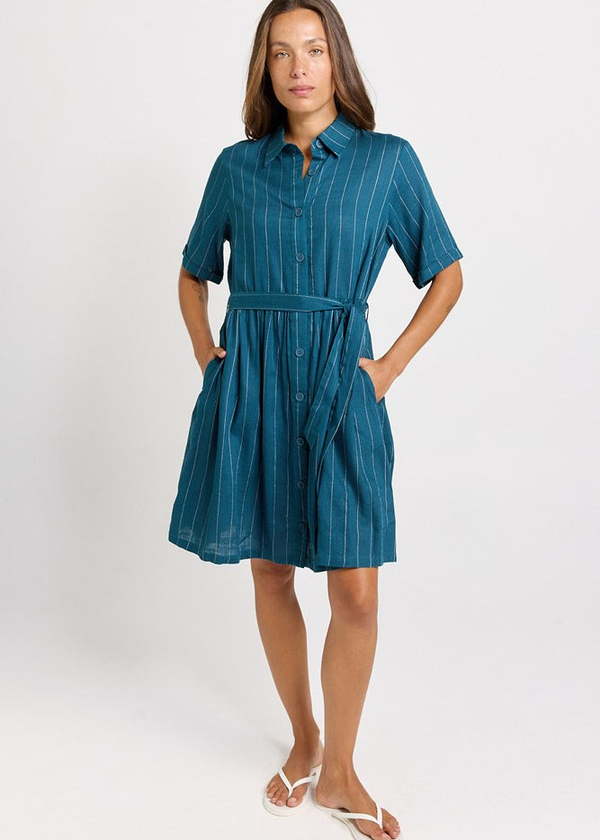 Betty Basics Palm Shirt Dress in Teal/White Stripe