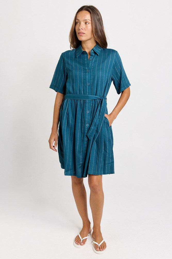 Betty Basics Palm Shirt Dress in Teal/White Stripe - view 2
