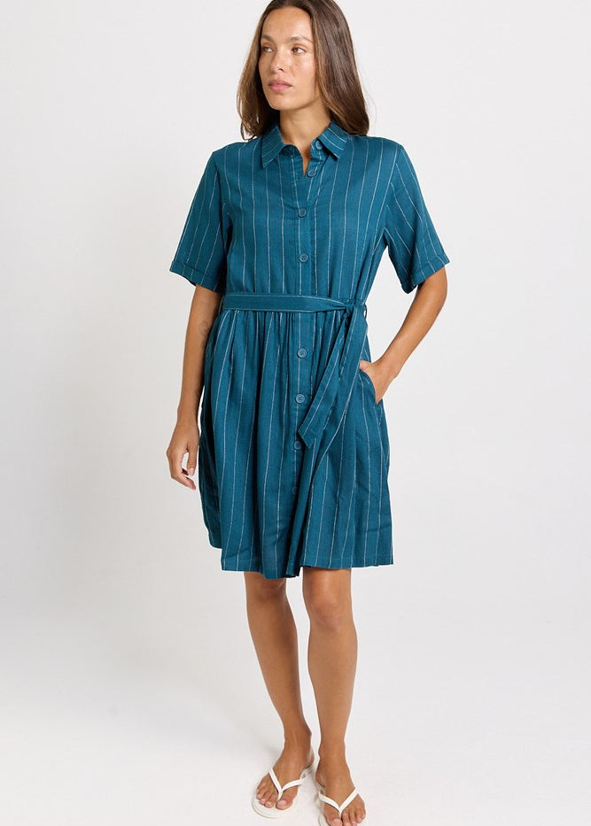 Betty Basics Palm Shirt Dress in Teal/White Stripe - view 2