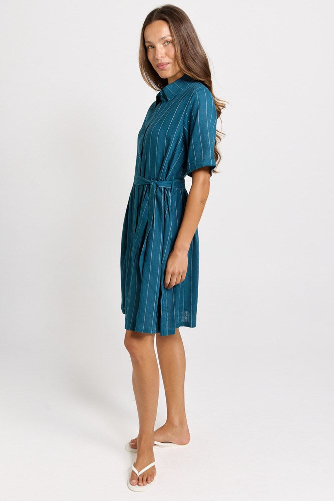 Betty Basics Palm Shirt Dress in Teal/White Stripe - view 3