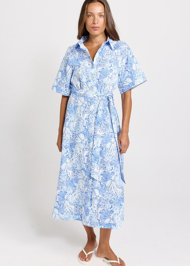 Betty Basics Lucy Shirt Dress in Blue Shell Print