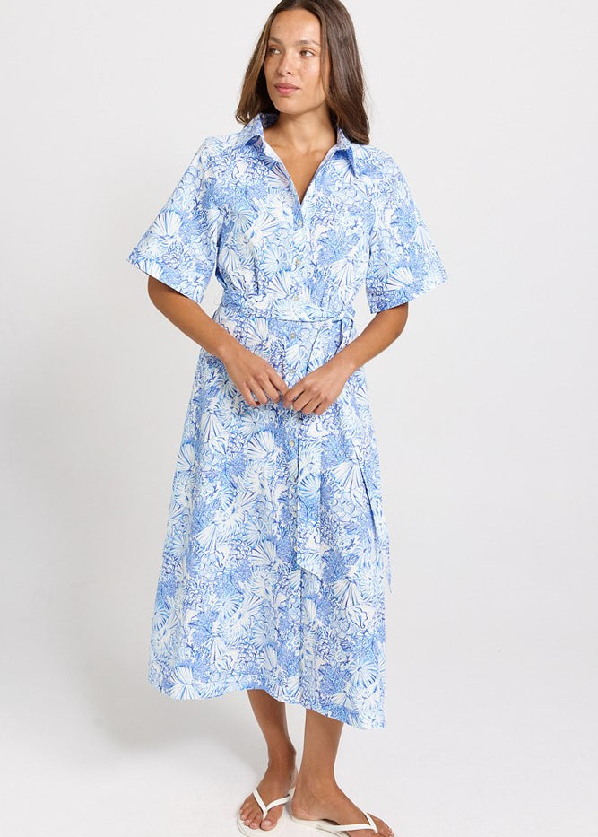 Betty Basics Lucy Shirt Dress in Blue Shell Print - view 2