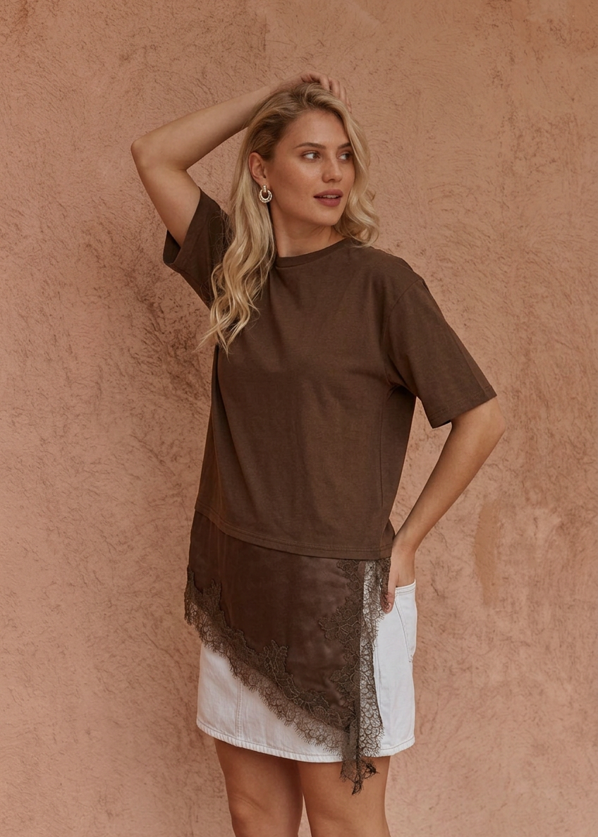 Arlo Jersey Lace Tee - Chocolate