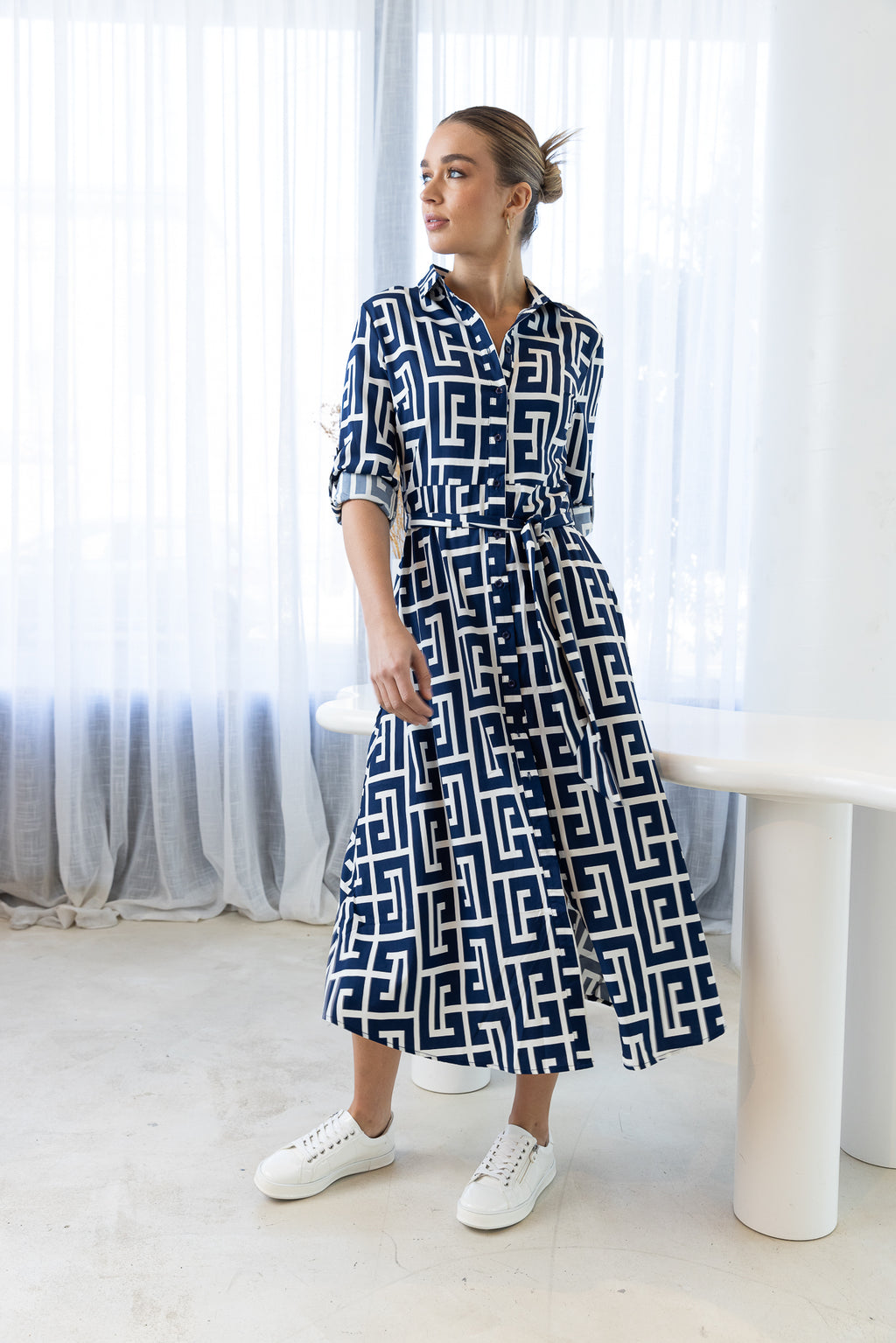 CAMILLA MIDI DRESS - Navy/White