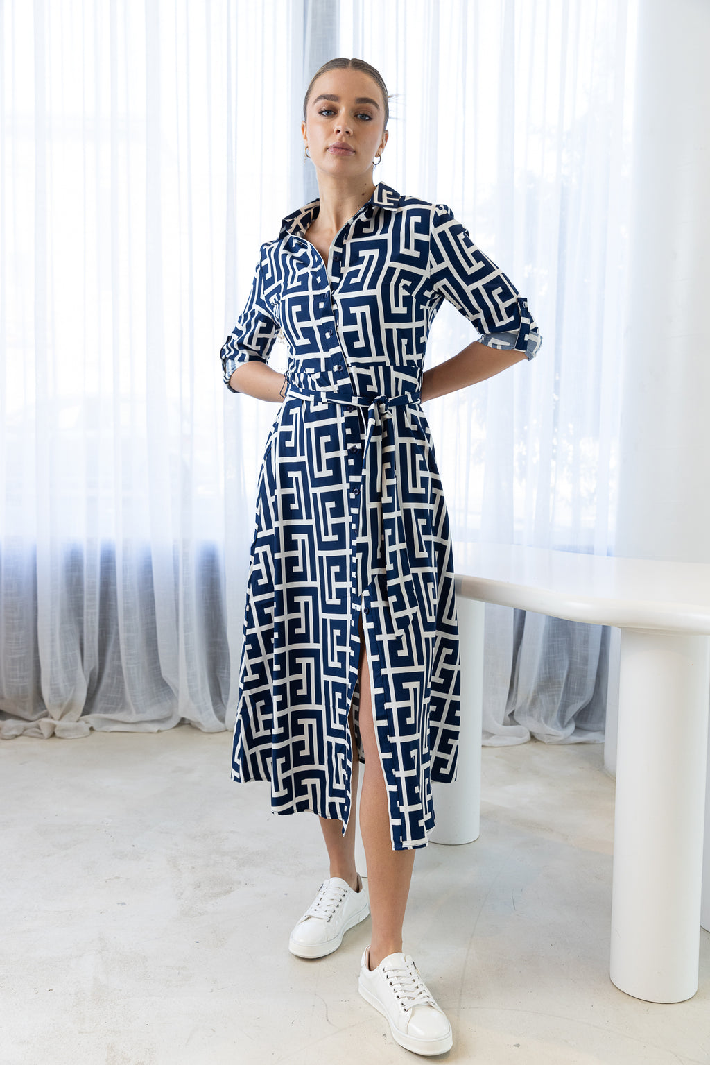 CAMILLA MIDI DRESS - Navy/White