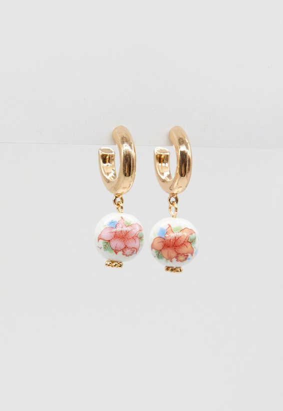 CERAMIC FLOWER BALL EARRINGS - Gold/White & Pink Flower