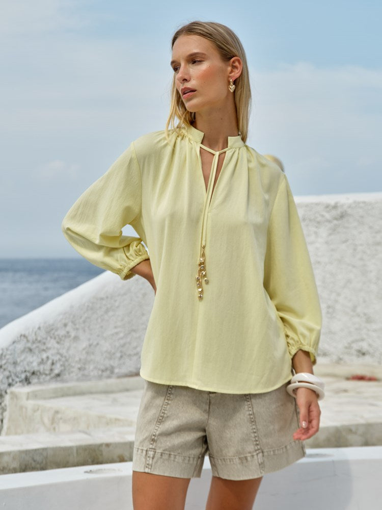 Fate+Becker Shae Split Neck Blouse in Lemon