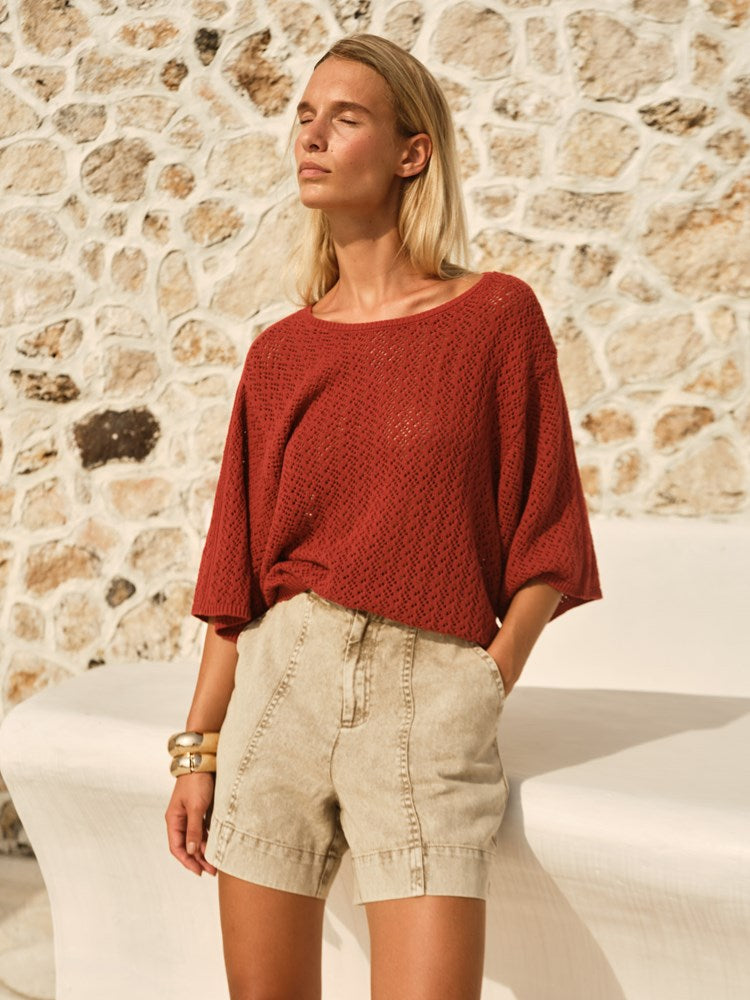 Fate+Becker Mila Pointelle Top in Red Clay