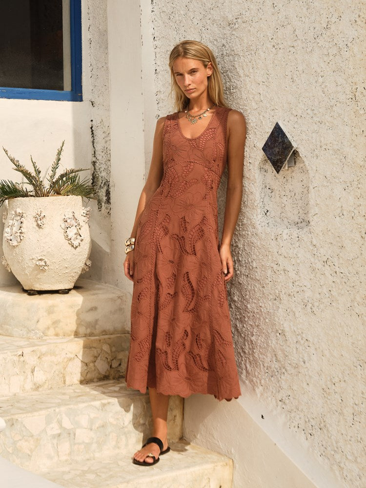 Fate+Becker Alessia Lace Midi Dress in Red Clay