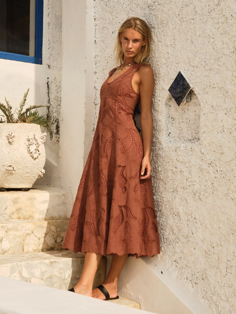 Fate+Becker Alessia Lace Midi Dress in Red Clay - view 2
