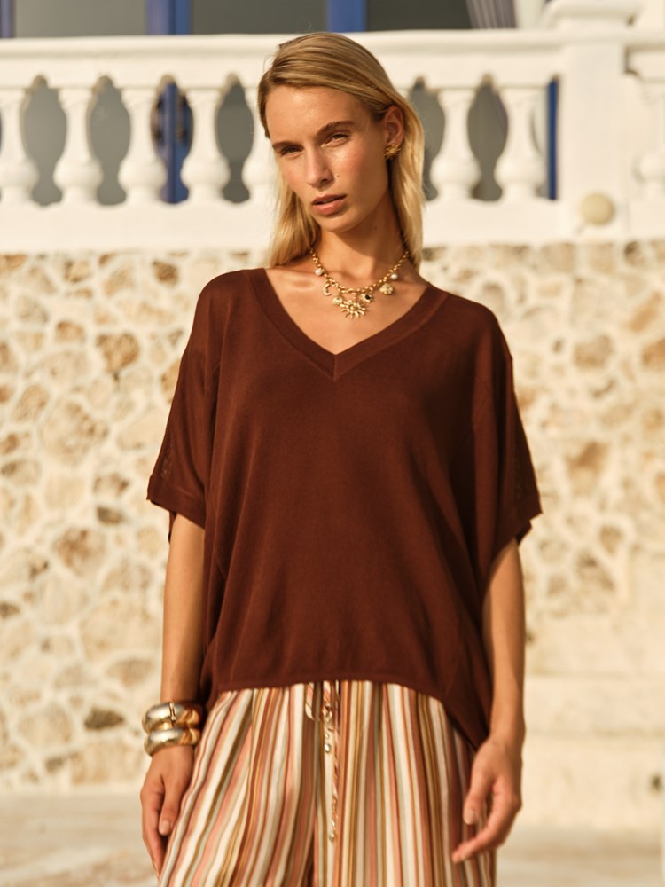 Fate+Becker Irises V-Neck Top in Chocolate