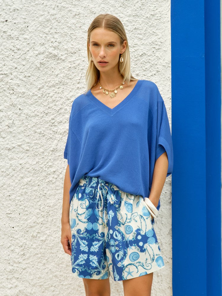 Fate+Becker Irises V-Neck Top in Cobalt