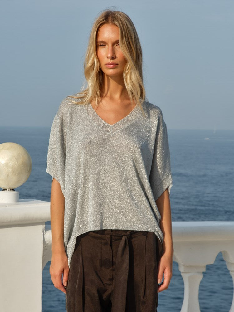 Fate+Becker Irises V-Neck Top in Silver