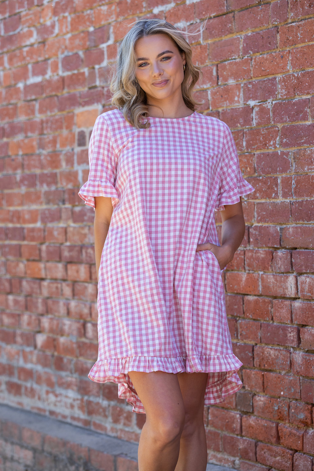 Pink gingham mini on sale dress