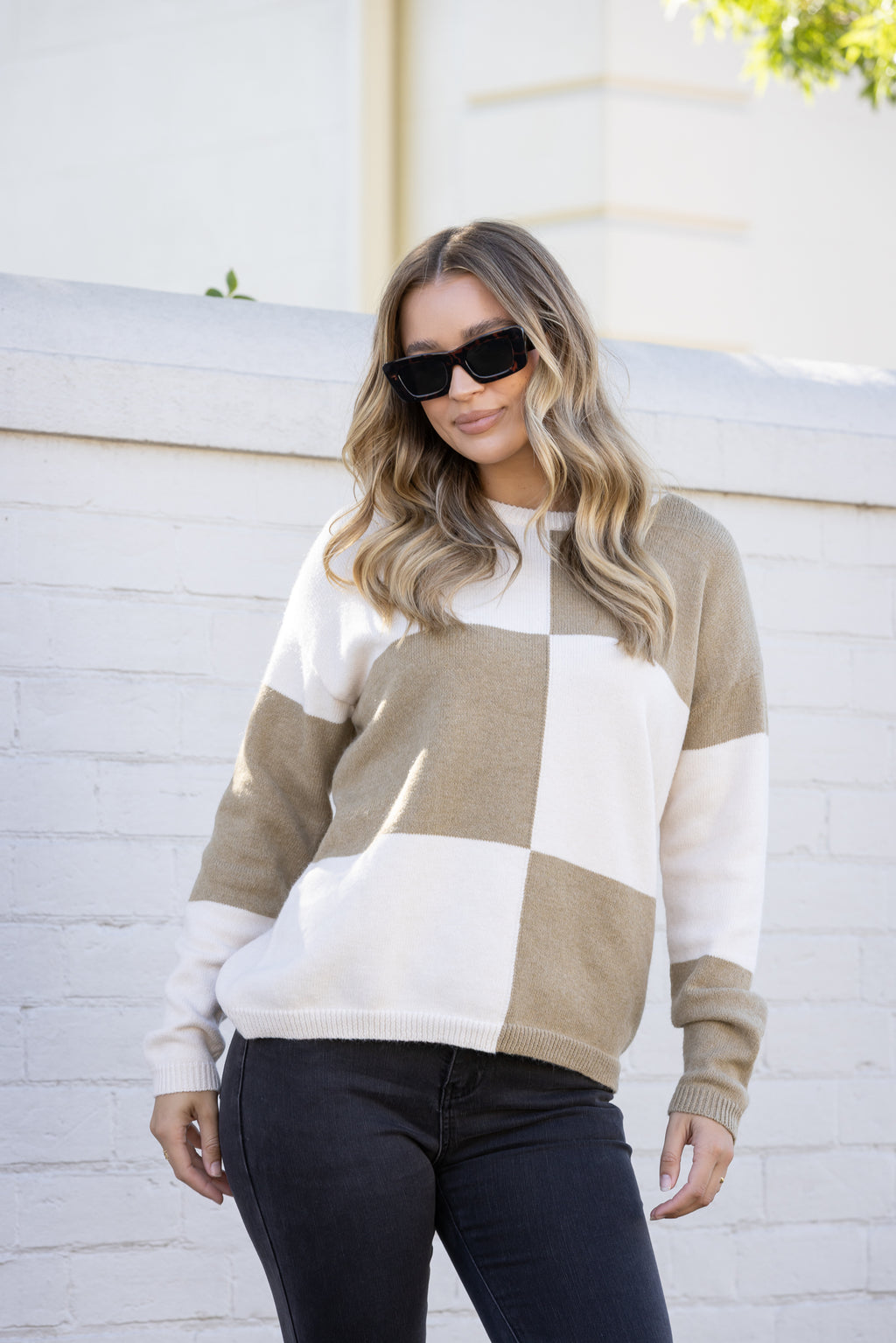 HAZEL KNIT JUMPER - Ivory/Olive Check