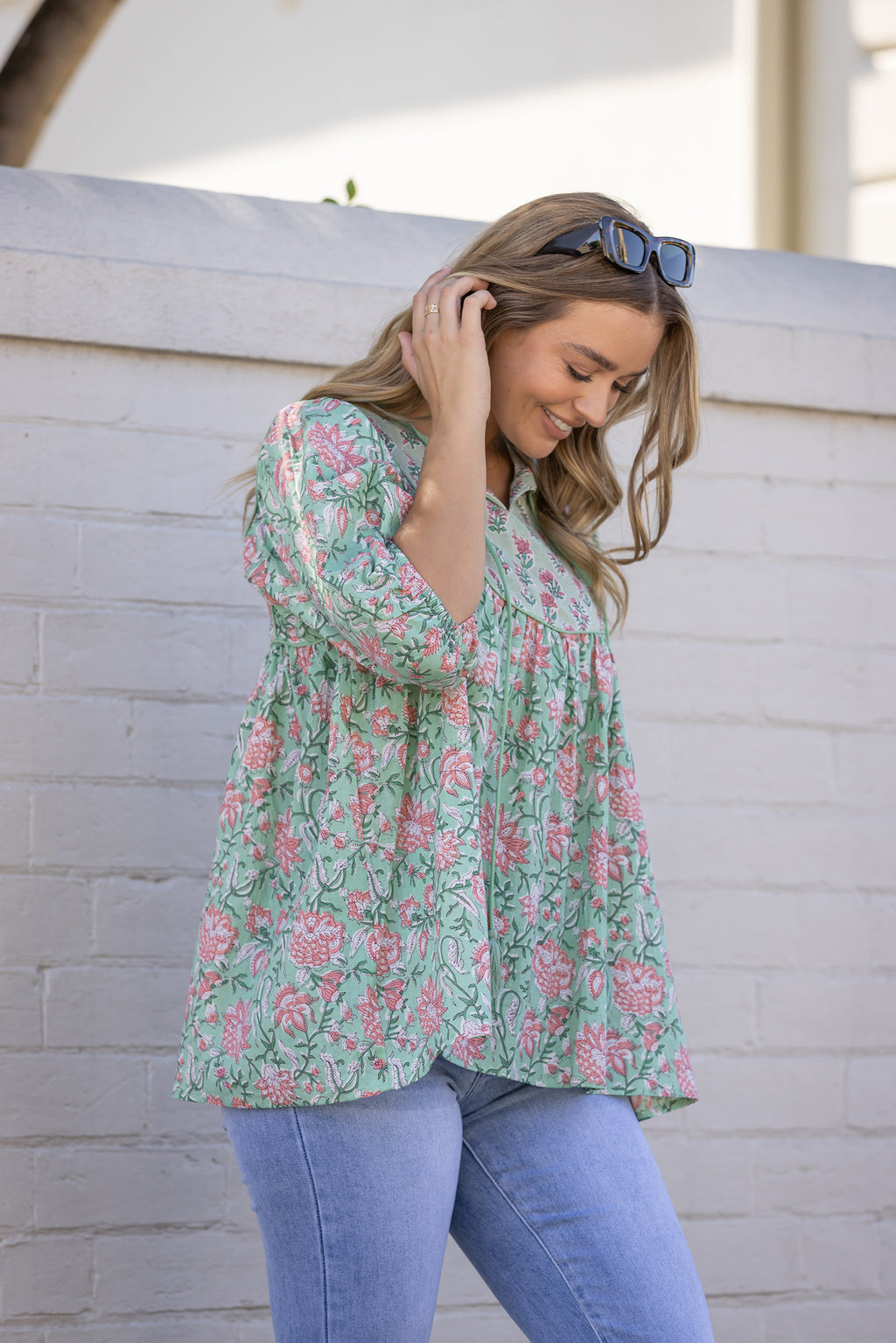 GEORGIA BLOUSE - Teal/Pink Floral