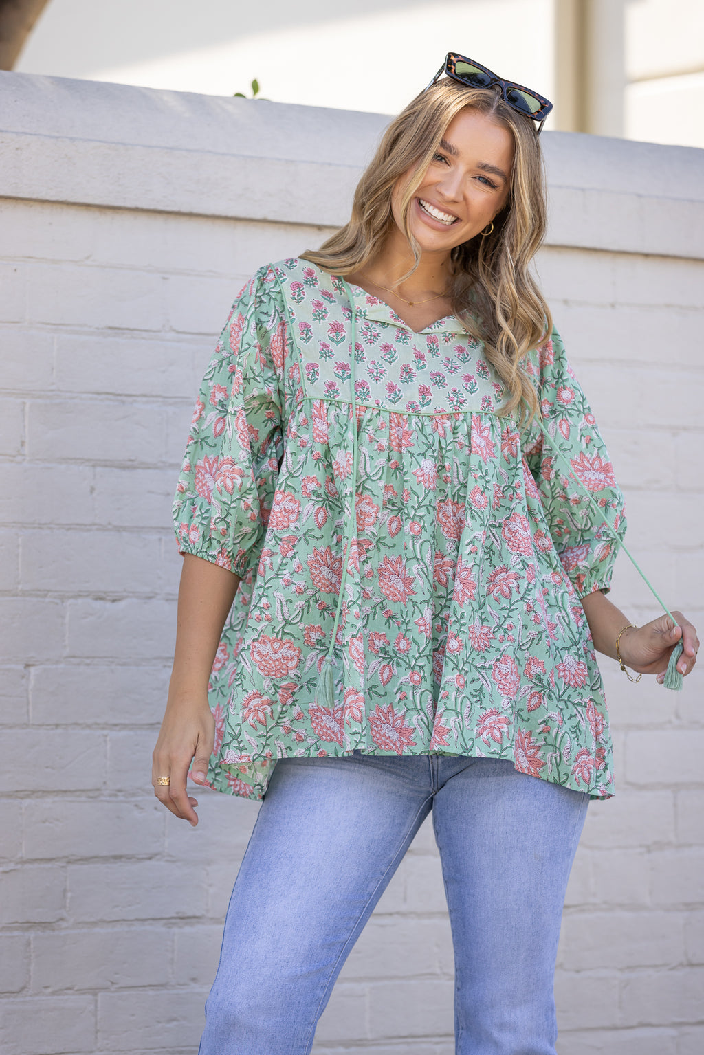 GEORGIA BLOUSE - Teal/Pink Floral