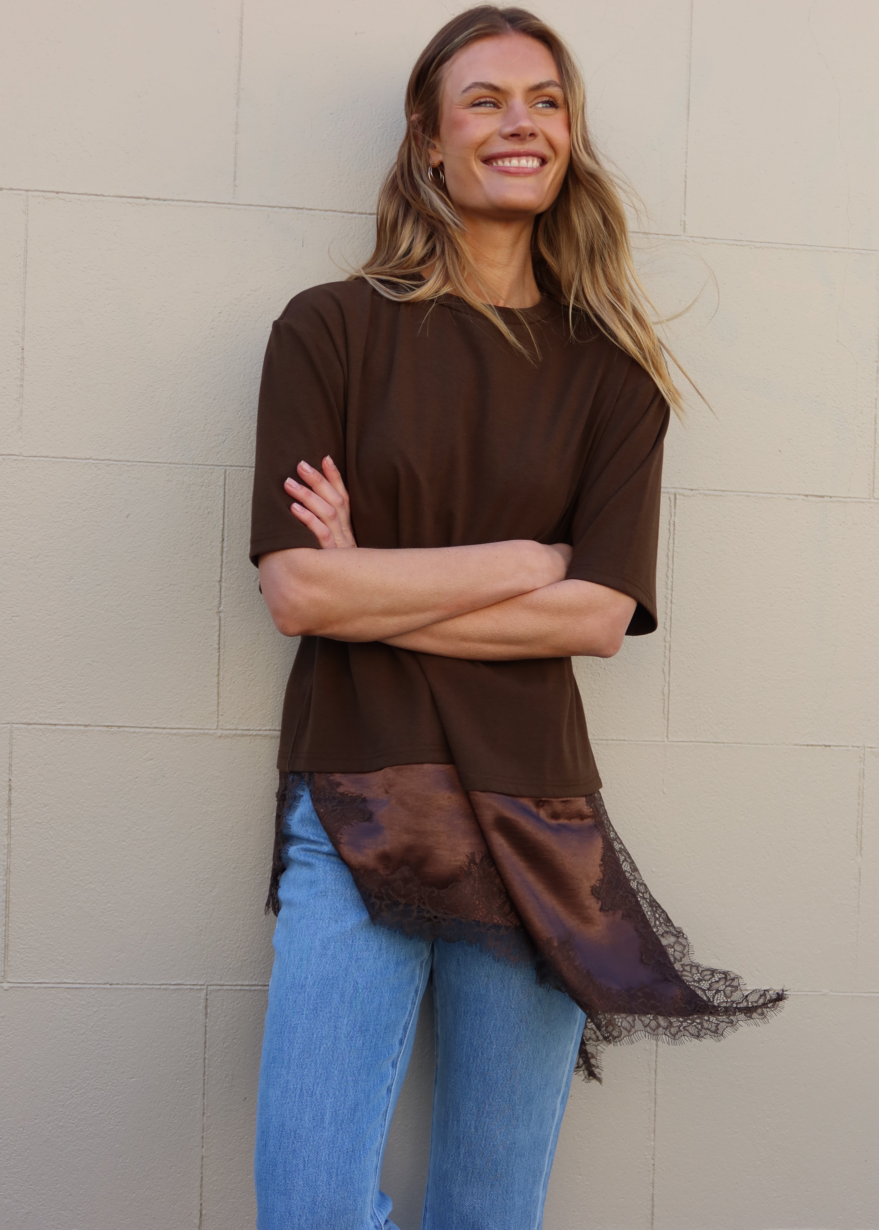 Arlo Jersey Lace Tee - Chocolate