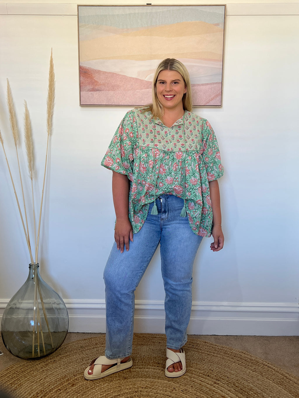 GEORGIA BLOUSE - Teal/Pink Floral