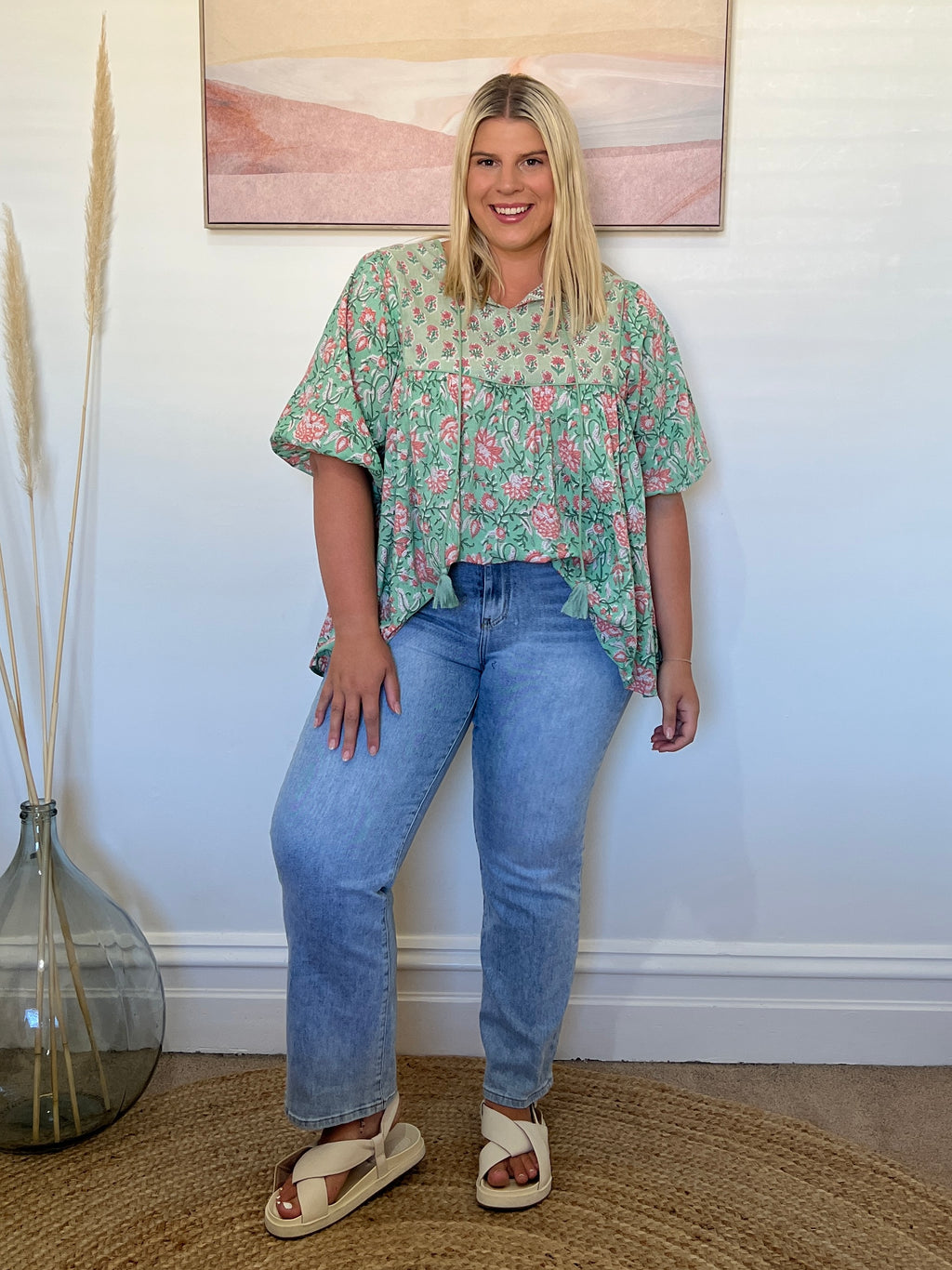 GEORGIA BLOUSE - Teal/Pink Floral