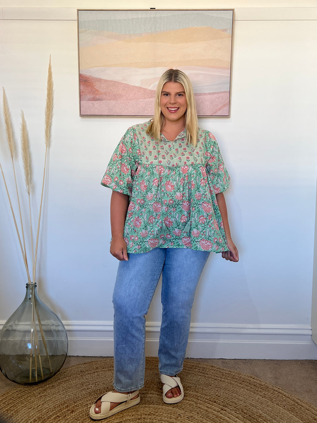 GEORGIA BLOUSE - Teal/Pink Floral