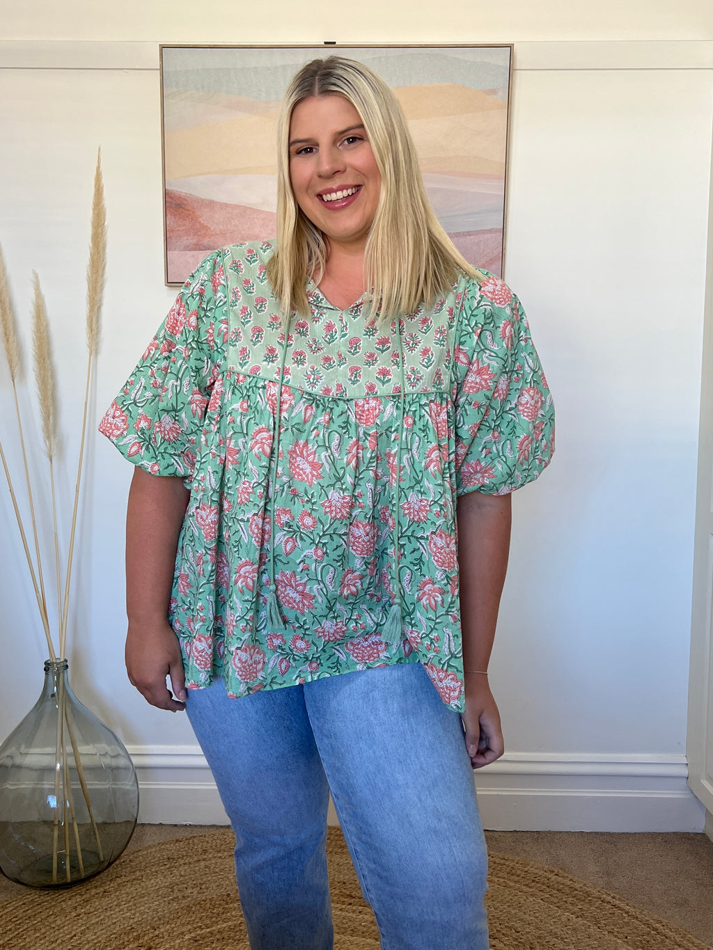 GEORGIA BLOUSE - Teal/Pink Floral