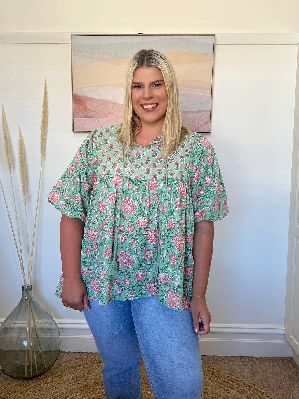 GEORGIA BLOUSE - Teal/Pink Floral