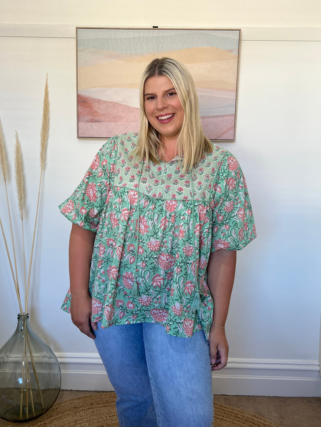 GEORGIA BLOUSE - Teal/Pink Floral