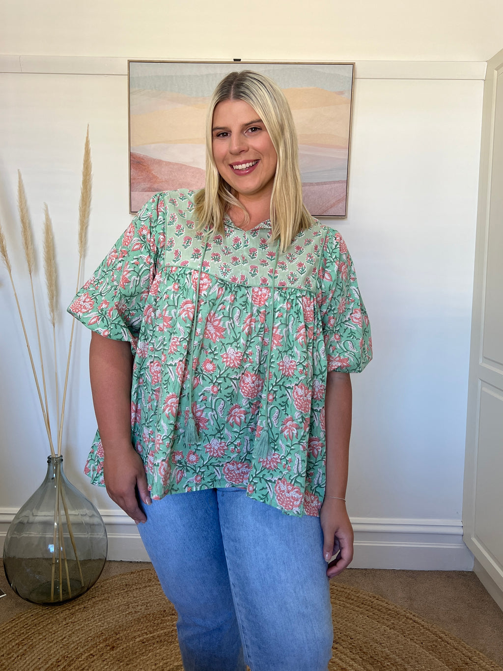 GEORGIA BLOUSE - Teal/Pink Floral