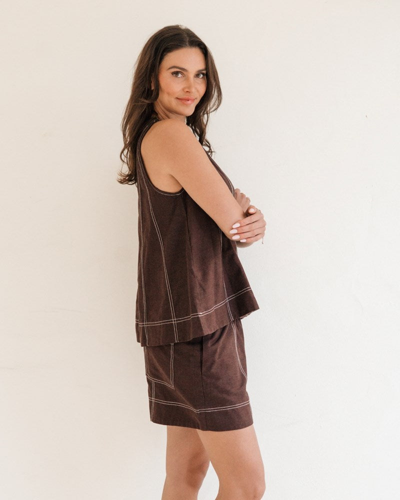 Contrast Stitch Linen Tank