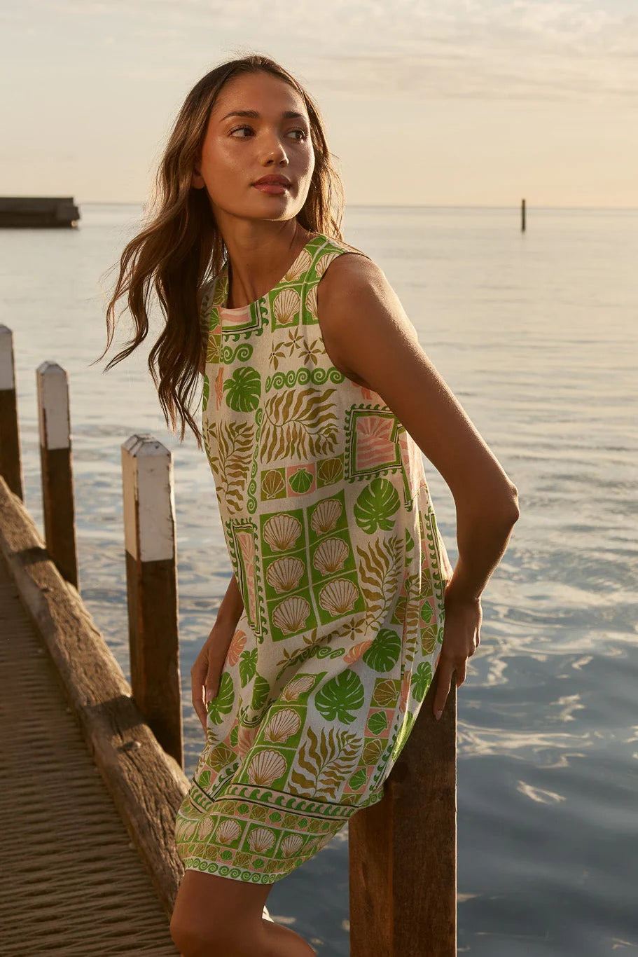 EMMETT TIE BACK SHIFT DRESS - Green Shell Patchwork