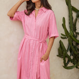 Palm Shirt Dress - Pink/Teal Stripe