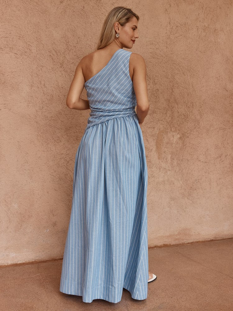 Sass Kinny Stripe One Shoulder Dress in Blue White - view 3