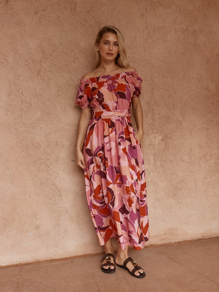 Sass Jo Off Shoulder Dress in Peony Print