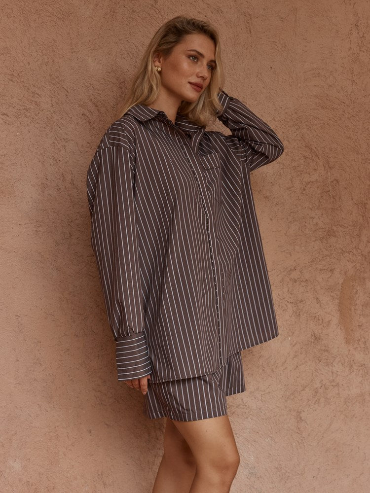 Sass Marty Piped Stripe Shirt in Choc Stripe - view 3
